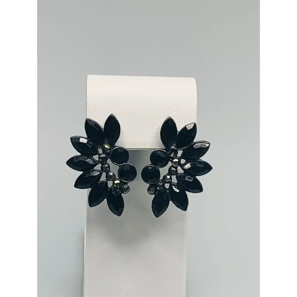 Elegant Black Cluster Marquise Earrings with Small Hematite Stones Pierced